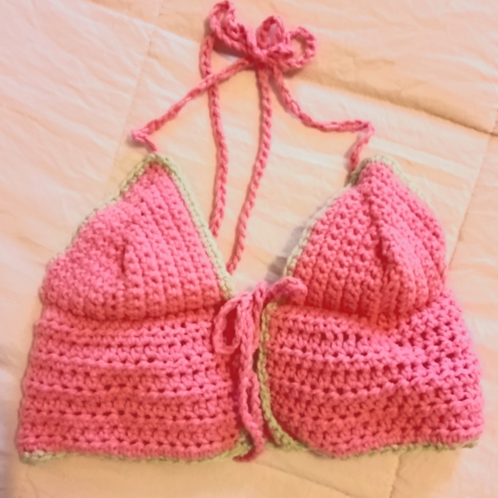 Crocheted Bohemian Pink & Green Halter